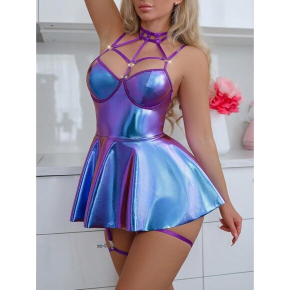 Women Purple 1 Strappy Leather Underwire Choker Garter Belt Lingerie Set Dress - Picture 3 of 6